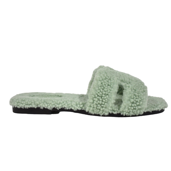 Hermes Oran Teddy Shearling Fur Green H Logo Slide Sandal Mule Flat Flip Flop 42 - Picture 1 of 12